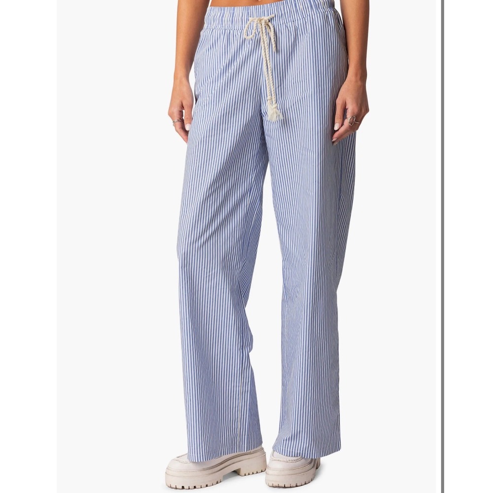 Edikted Blue White Striped Wide Leg Pajama Pants Women Large Cotton Drawstring L
